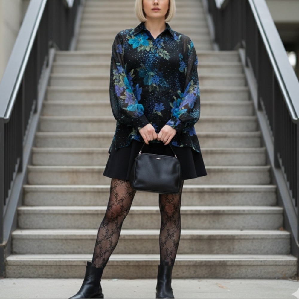 Vintage 80s Maggie Sweet Black and Blue Floral Semi Sheer Button Front Blouse‎
